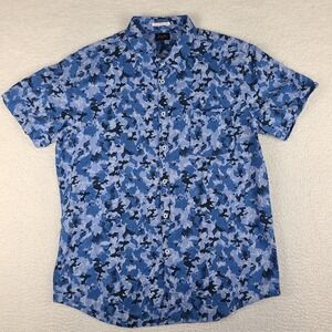 Goodman Shirt Mens XL‎ Blue Geometric Cotton Casual Hawaiian Button Up